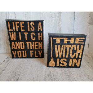 Life‎ is a witch Halloween sign wooden set home decor glitter broom